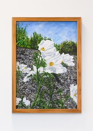 A painting of white wildflowers in a field against a bright blue sky. Copyright 2022 Mark C. Greenberg for University Health.  Artist: Roger Price